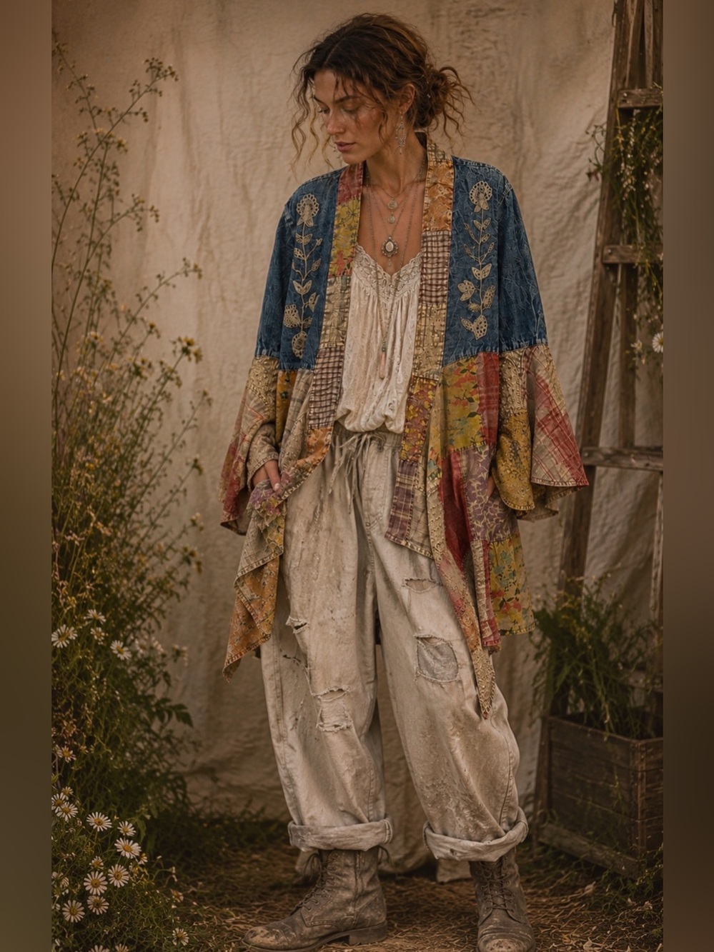 New‼️ YOUNG THREADS ⭐️ Western Boho Embroidered Denim Patchwork Open Cardigan